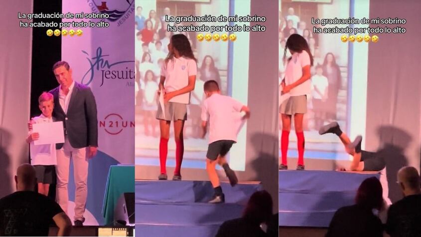 Alumno sufre una graciosa caída en pleno acto escolar y es viral