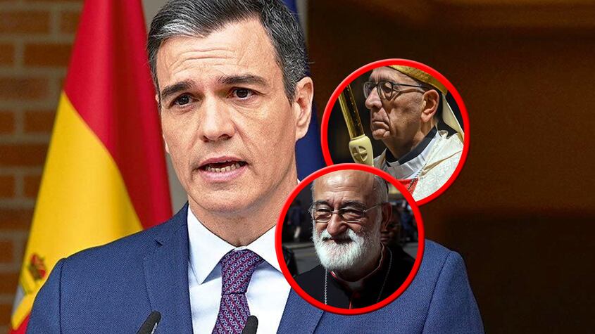 Pedro Sánchez y los cardenales Juan José Omella y Cristóbal López Romero