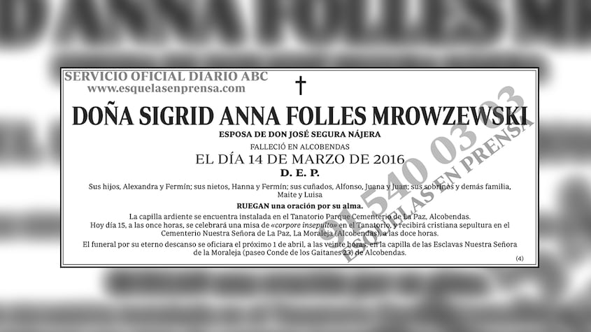 Necrológica de Sigrid Anna Foles Mrowzewski, madre de Anabel Segura