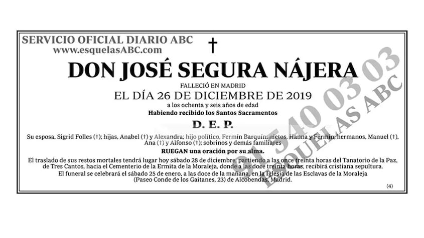 Esquela de José Segura Nájera